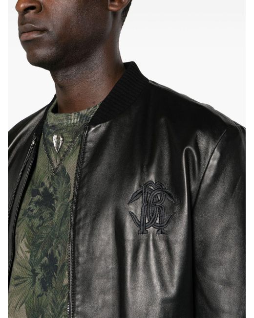 Roberto Cavalli Black Leather Bomber Jacket for men