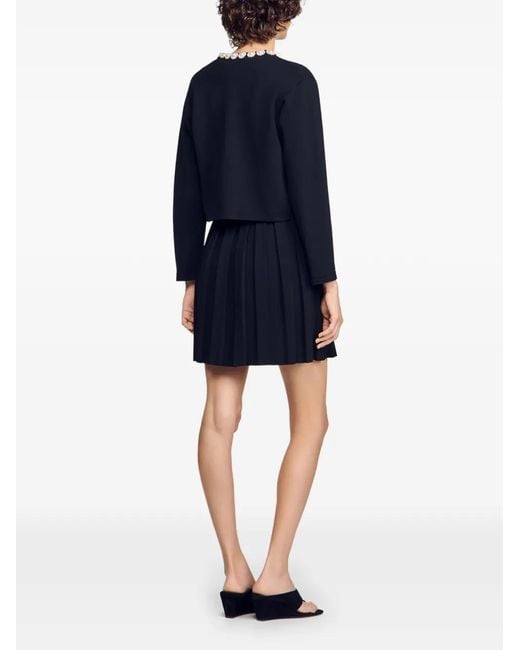 Sandro Black Faux-Pearl Embellished Cropped Cardigan