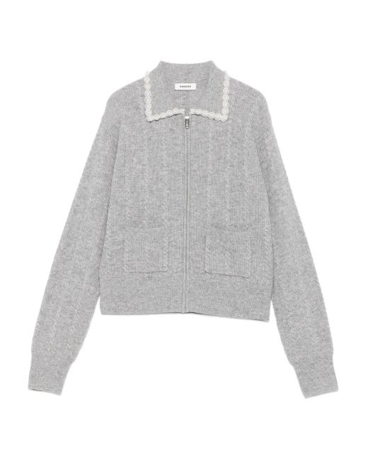 Sandro Gray Pearl-Embellished Cable-Knit Cardigan
