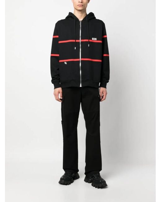 Gcds Black Stripe-Print Zip-Up Hoodie for men