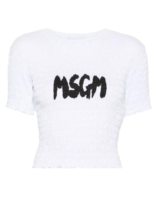 T-shirt froncé à logo imprimé MSGM en coloris White
