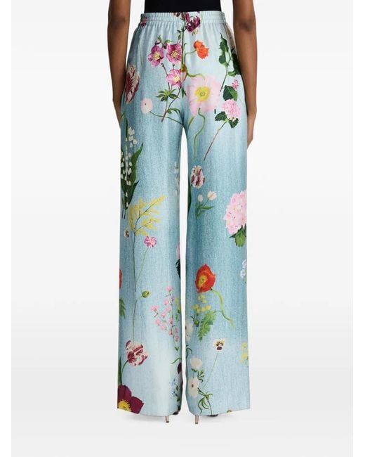 Oscar de la Renta Blue Floral-Print Silk Palazzo Pants