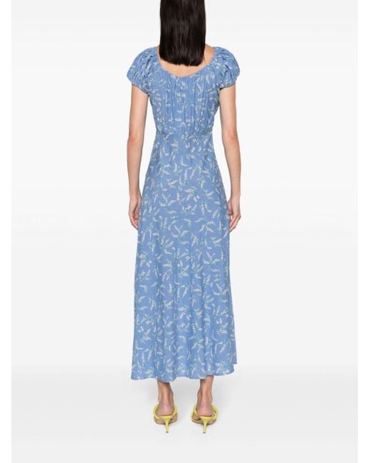 Doen Blue Wide-neck Floral-print Midi Dress