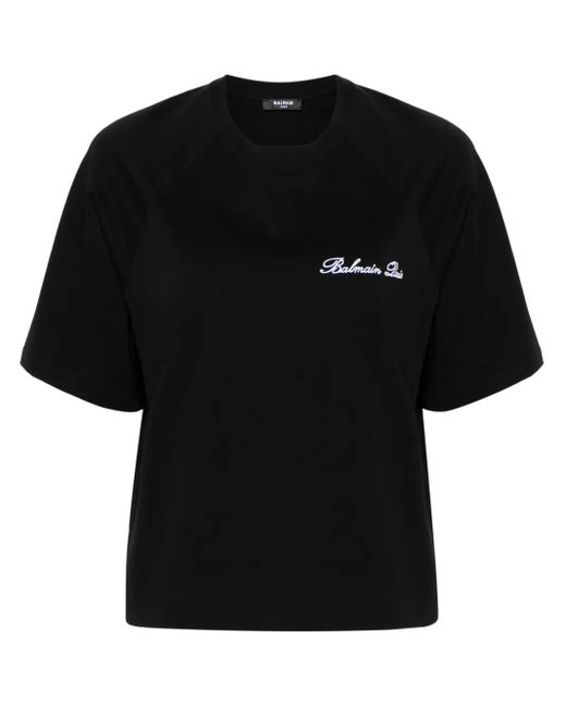 T-Shirt En Coton À Logo Brodé Balmain en coloris Black