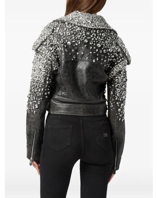 Philipp Plein Black Leather Cropped Jacket