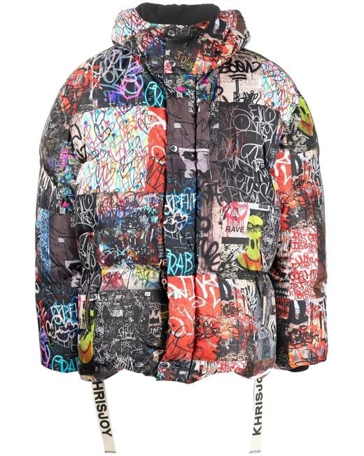 Khrisjoy Red Graffiti-Print Down Puffer Jacket for men
