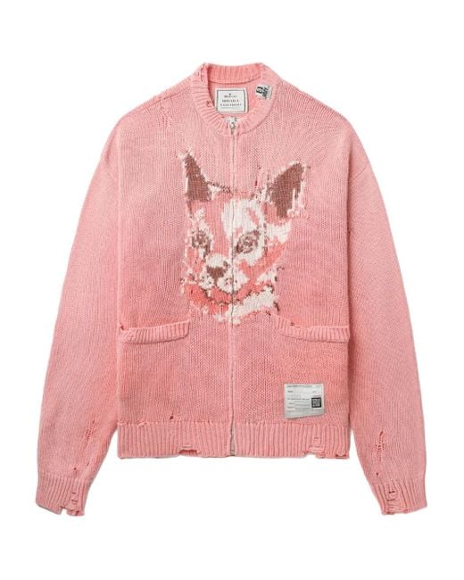 Maison Mihara Yasuhiro Pink Cardigan Im Distressed-Look Mit Katzengesicht