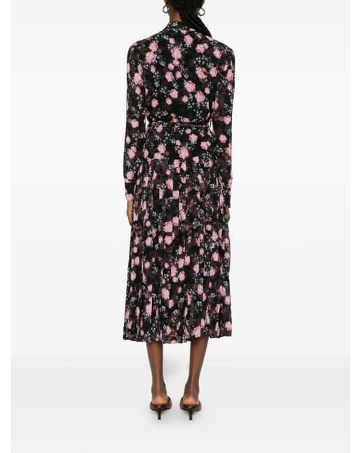 Nissa Black Floral-Print Pleated Dress