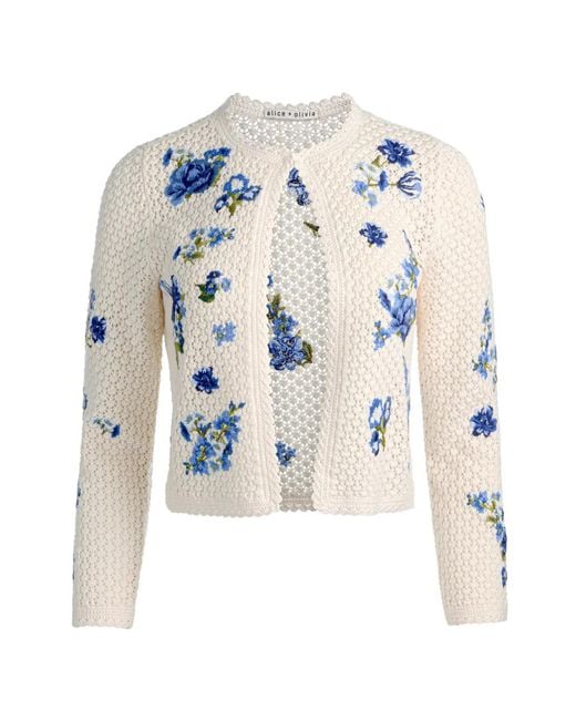 Alice + Olivia Blue Anderson Floral-Embroidered Crocket Cardigan