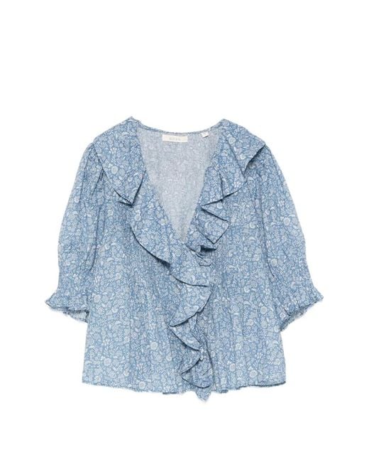 Doen Blue Henri Ruffled Floral-Print Cotton Blouse