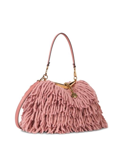 Etro Pink Small Wool Vela Bag With Fringing