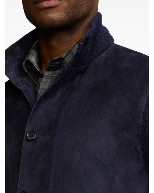 Ralph Lauren Blue Knitted Jacket With Suede Panelling for men