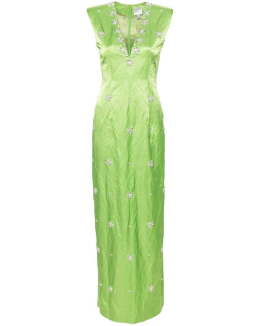 Huishan Zhang Green Kristallverziertes Shirrin Abendkleid