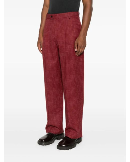 KENZO Red Pleated Grid-Pattern Trousers for men