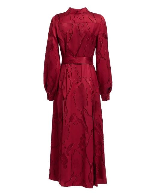 Elie Saab Red Long-Sleeve Belted Midi Dress