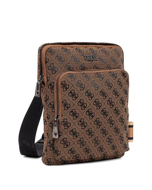 Guess Brown Monogram-Pattern Messenger Bag for men