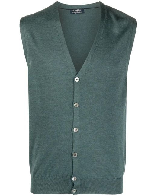 Barba Napoli Green Button-Up Virgin Wool Knitted Vest for men
