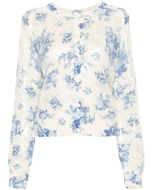 Twin Set Blue Floral-print Oprn-knit Cardigan