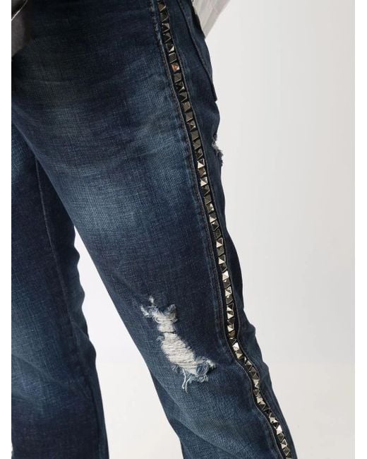 Philipp Plein Blue Distressed Dark Straight Jeans With Metallic Accents for men
