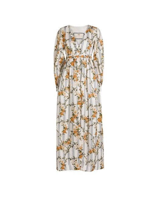 Agua Bendita White Frambuesa Floral-Print Striped Maxi Dress