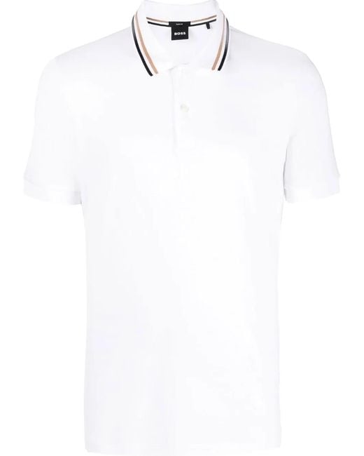 Boss White Stripe-Collar Short Sleeved Polo Shirt for men