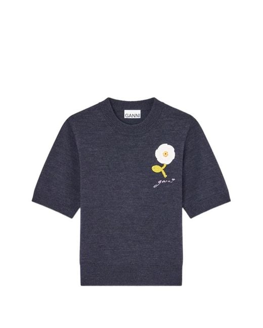Ganni Blue T-Shirt Manches Courtes À Motif Fleur
