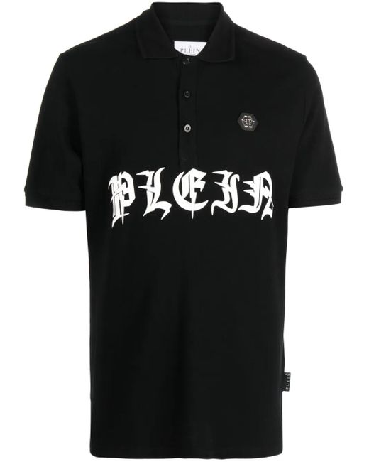 Philipp Plein Black Logo-Print Short-Sleeved Polo Shirt for men
