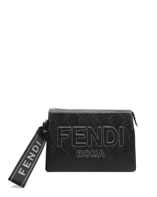 Fendi Black Embossed-logo Leather Clutch Bag