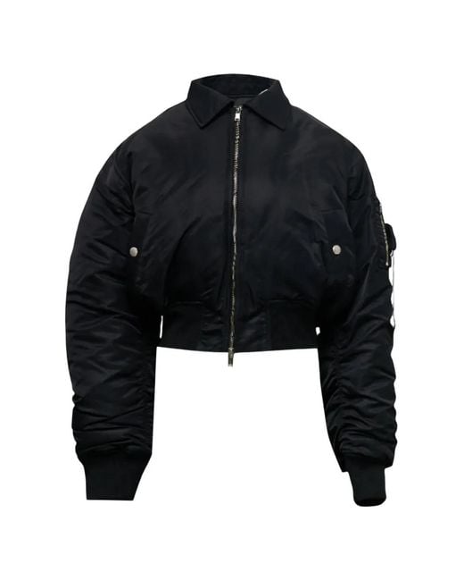 Hache Black Cropped Ruched-Sleeve Bomber Jacket
