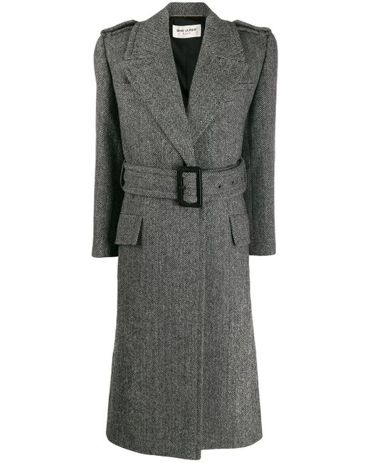 Saint Laurent Gray Belted Herringbone Wool Coat