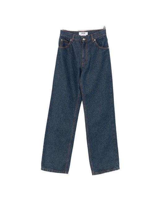 MSGM Blue Contrast-Stitch Logo-Embroidered Jeans