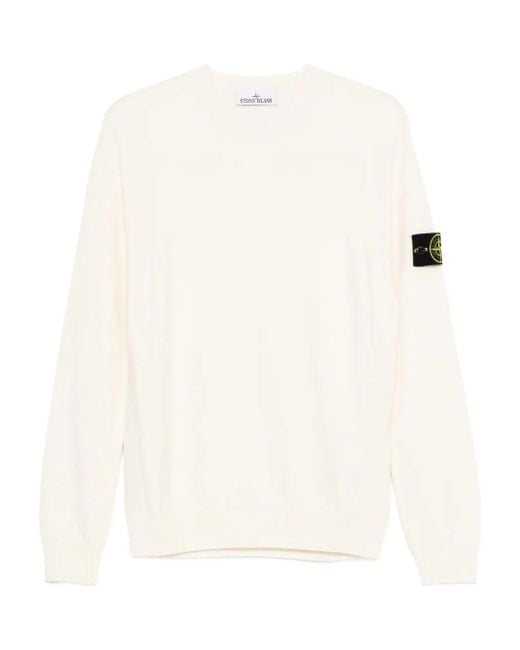 Stone Island White Stretch Wool Crewneck Sweater With Reverse Stitch Details for men