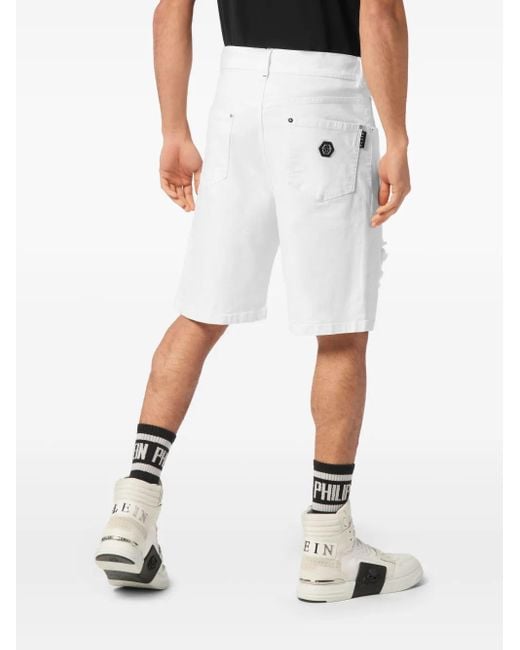 Philipp Plein White Denim Shorts Formentera Distressed for men