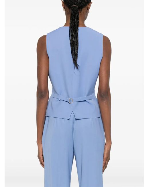 Max Mara Blue Comfortable Wool Crepe Satin Vest With V-Neck And Adjustable Back Strap