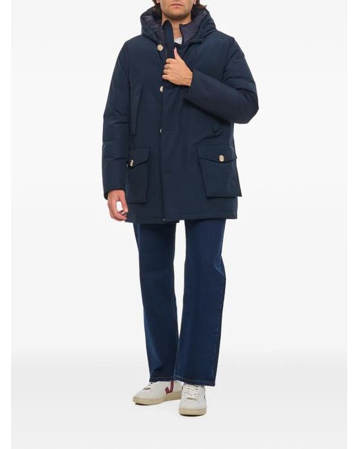 Woolrich Blue Hooded Button-Up Coat for men