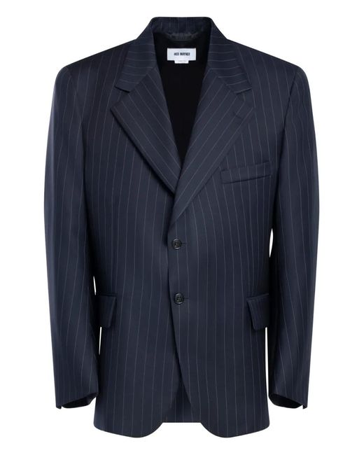 Hed Mayner Blue Pinstripe Button Jacket for men