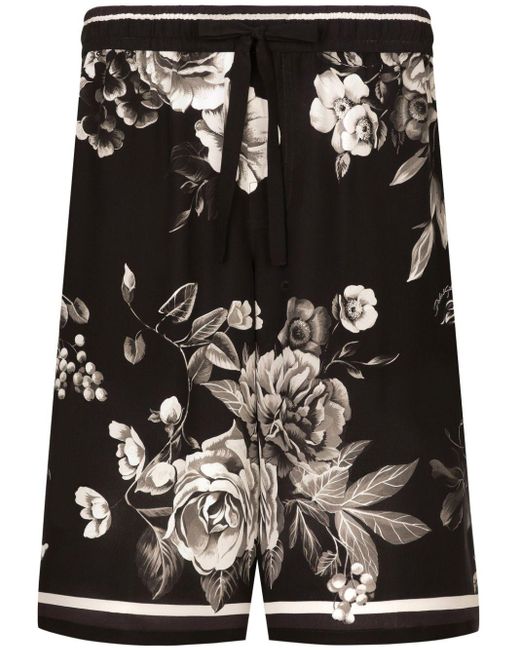 Dolce & Gabbana Black Floral-print Silk Track Shorts for men