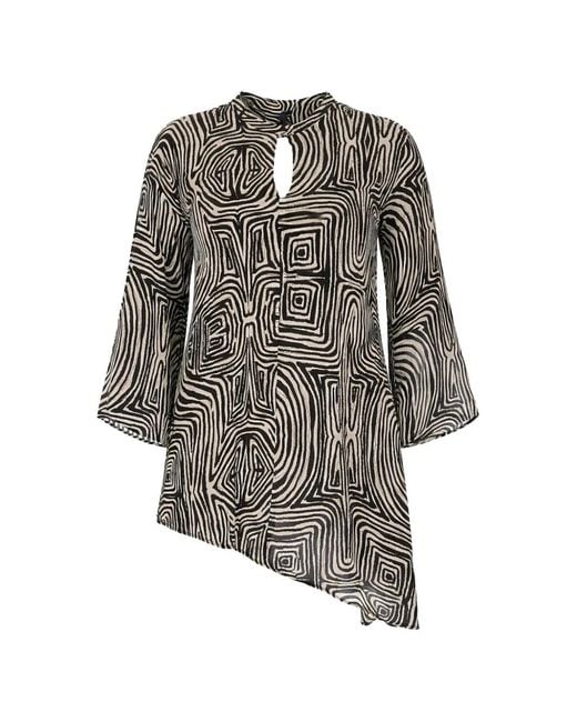 Elena Miro Gray Keyhole Geometric-Print Blouse