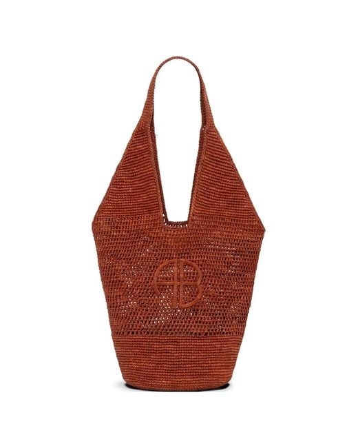 Anine Bing Red Leah Logo Raffia Tote Bag