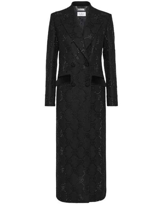 Philipp Plein Black Monogram Crystal Double-Breasted Coat