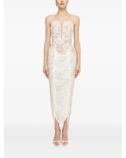 Nissa White Robe Mi-Longue En Dentelle À Franges