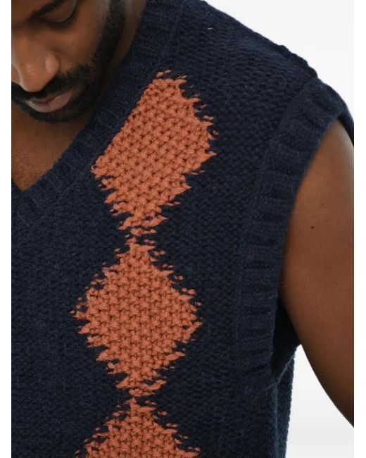 DSquared² Blue Argyle-Knit V-Neck Sweater for men