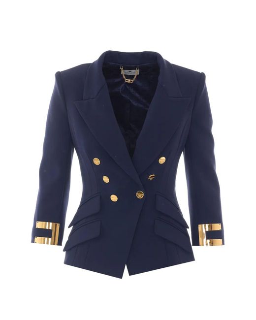 Elisabetta Franchi Blue Double-Breasted Logo-Cuff Jacket