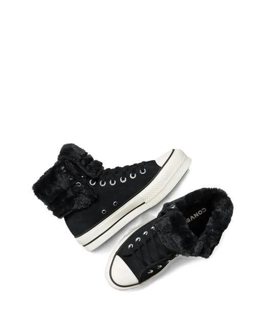 Converse Black Chuck Taylor All Star Fold-Over Lift Platform Xhi Faux Fur Sneakers