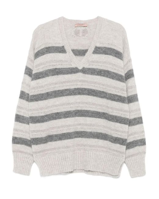 Twinset ストライプ Vネックセーター Gray