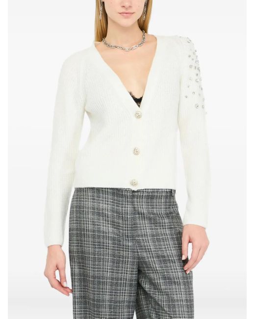 Liu Jo White Textured Sweater With Deep V-Neckline And Embellished Shoulder