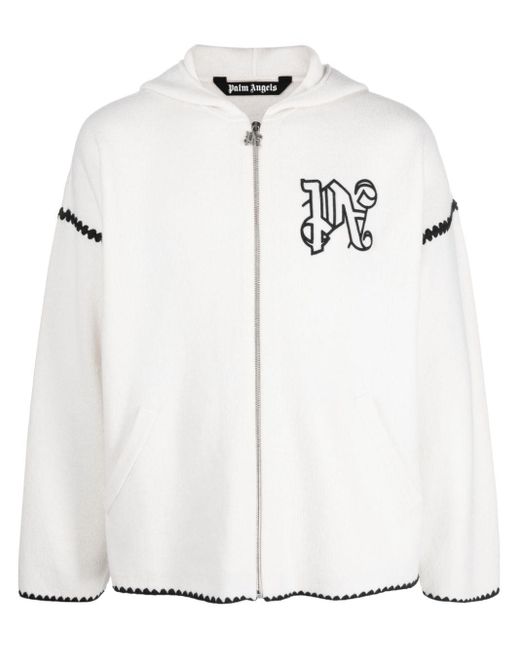 Palm Angels White Monogram-embroidered Zip-up Hoodie for men