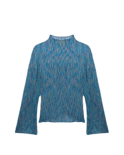Momoní Blue Miraflores Ribbed Flared-Sleeves Top