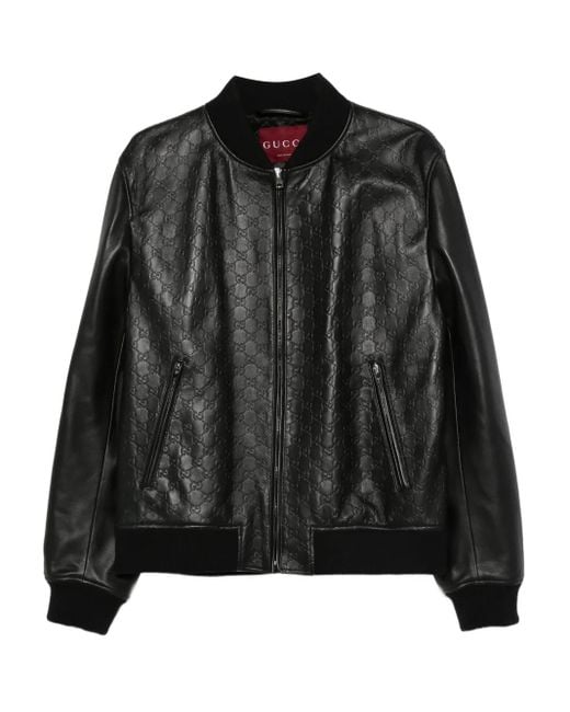 Gucci Black Embossed Gg Leather Bomber Jacket for men