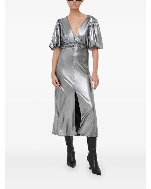Notes Du Nord Gray Puff-Sleeve Metallic Midi Dress